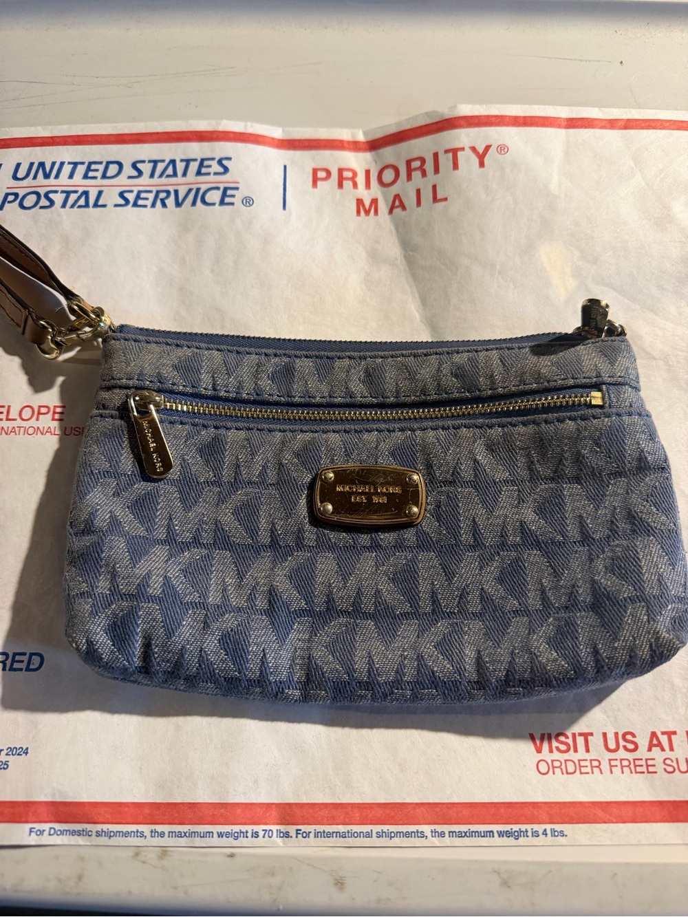 Michael Kors Denim MK Monogram Wristlet Clutch with Tan Strap - Picture 4 of 6